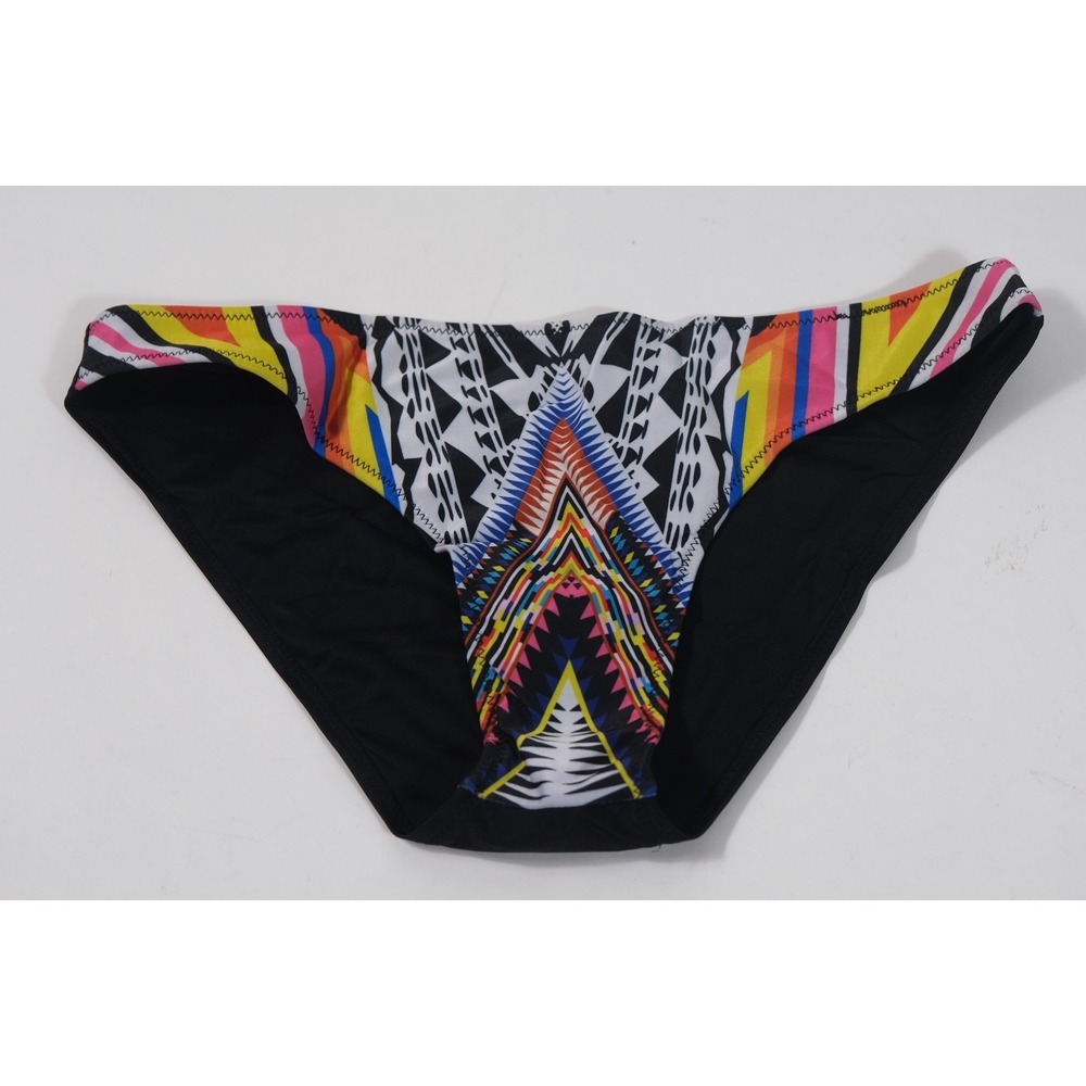 Poo Chai Swim Bottoms Womens Large Black Multi Geometric Tribal Bikini Low Rise